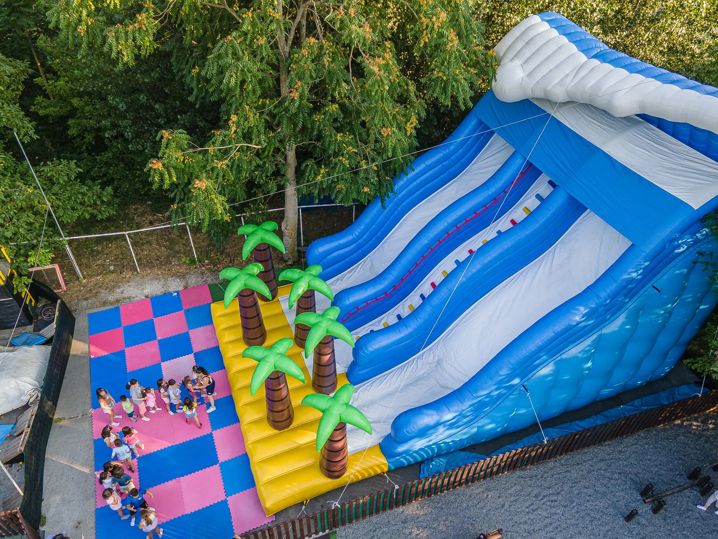 The playground and its inflatable slide, seen from above