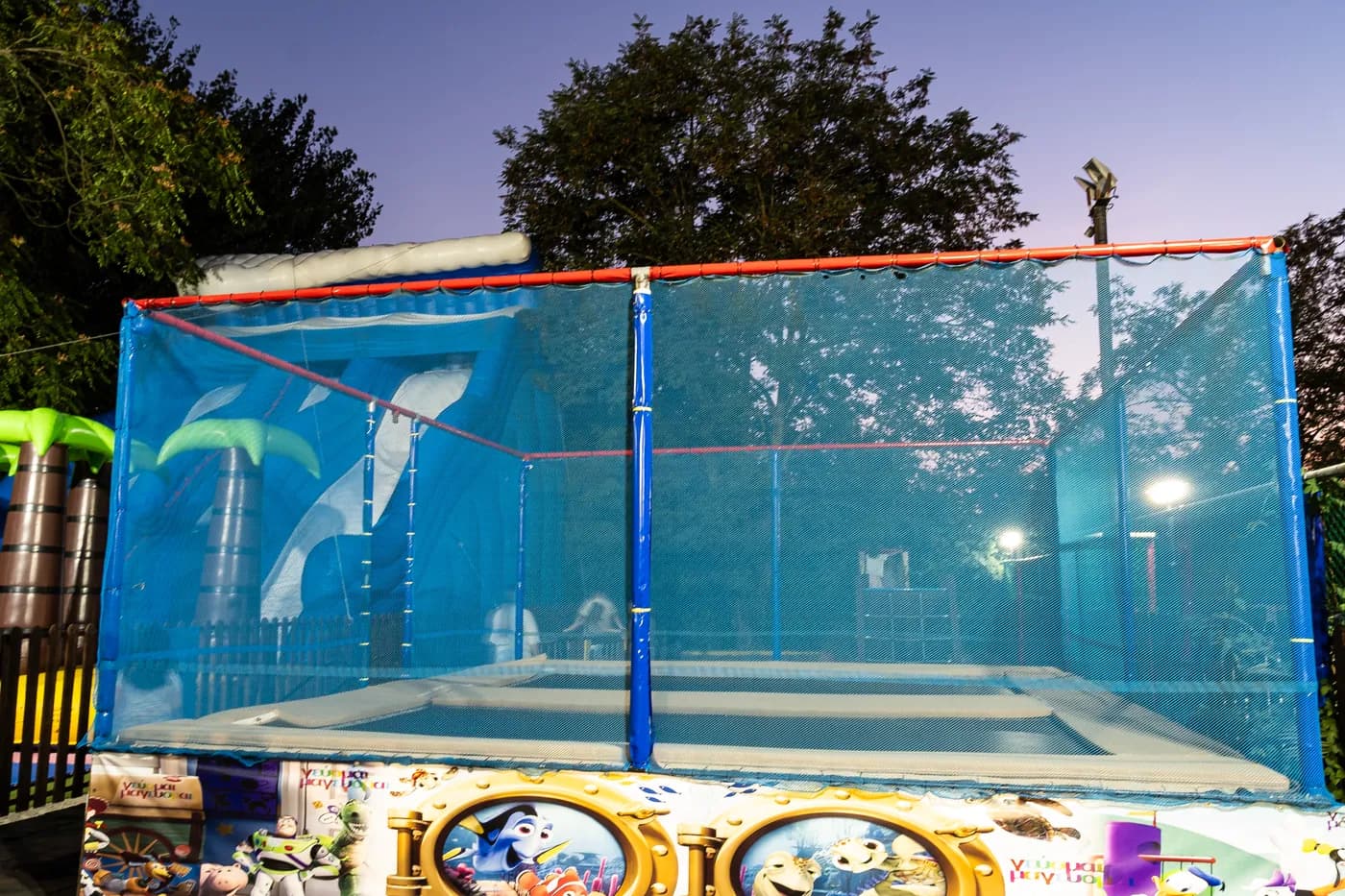 The trampoline, with safety netting